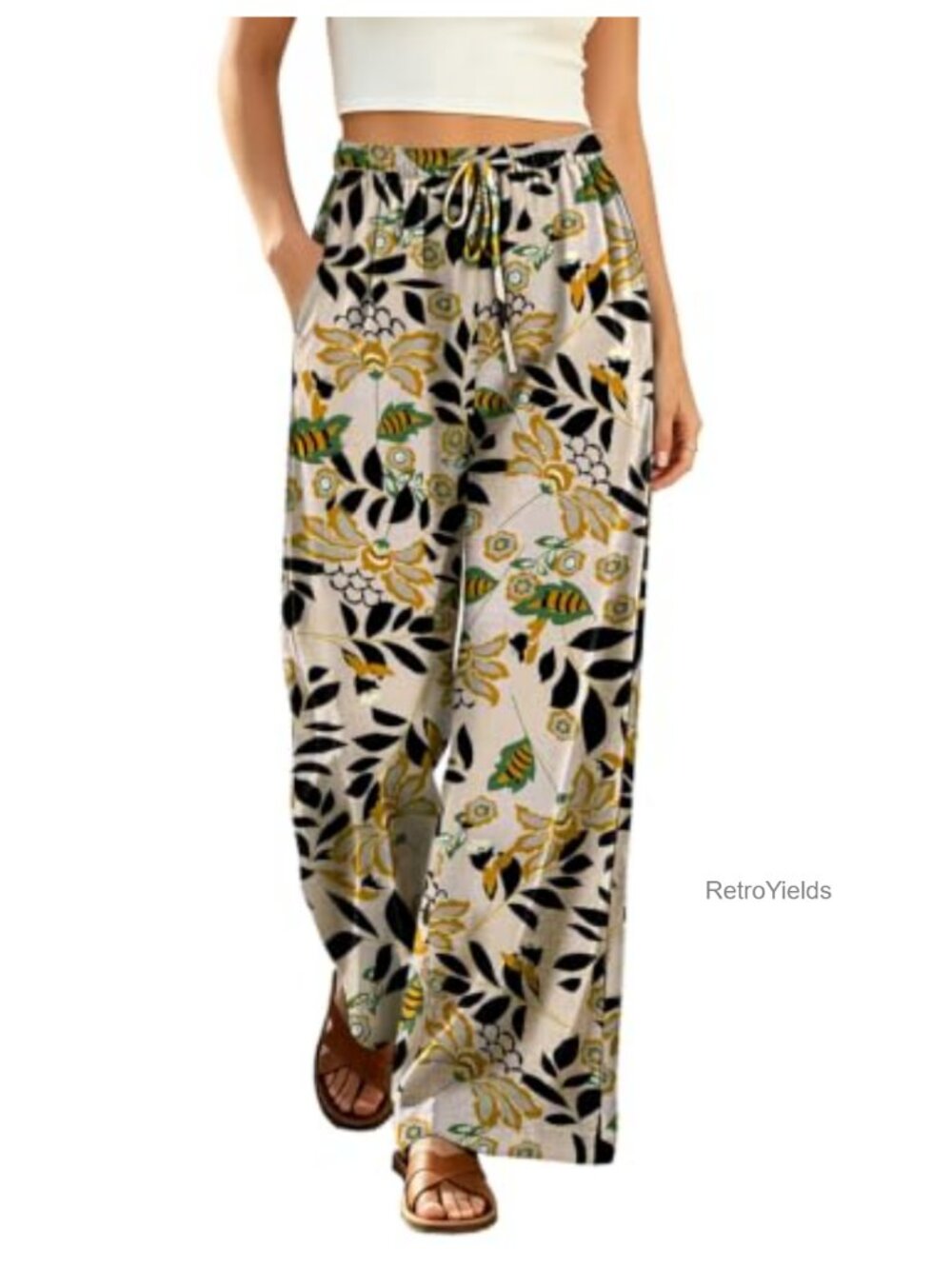 Wide Leg Cotton Palazzo Pants Loose High Rise Pull On Floral